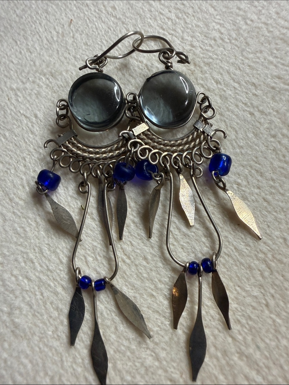 Blue Glass Bead Dangle Earrings - Silver-Tone Tribal Style